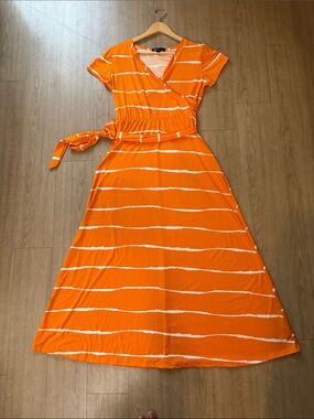 Lexington Avenue Orange & White Striped Wrap Maxi Dress Tie Waist Size Large